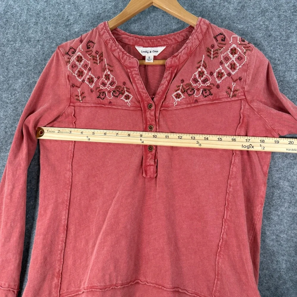 Lucky & Coco Long Sleeve Henley‎ Top Womens S Red Beaded Embroidered Cotton Boho - Picture 13 of 13